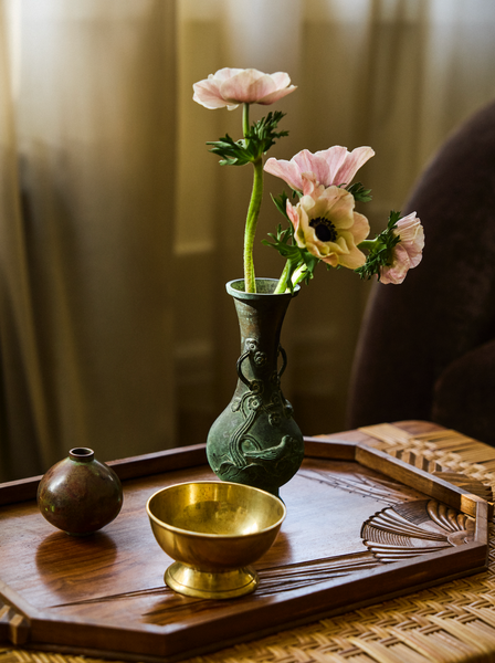Patinated Bronze Japanese Ikebana Vase with Floral and Bird Relief