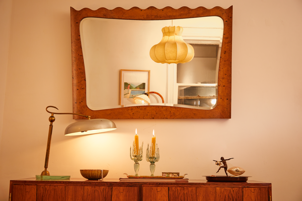 1950s Italian Olive Burlwood Rectangular Mirror with Scalloped Edge
