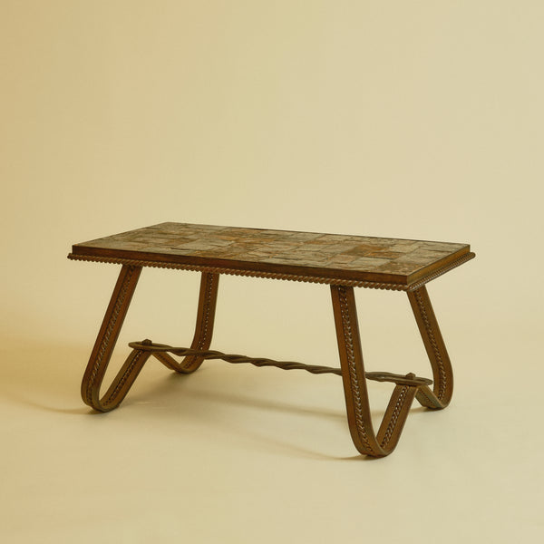 1970s Brutalist French Ferronnerie & Slate Mosaic Coffee Table