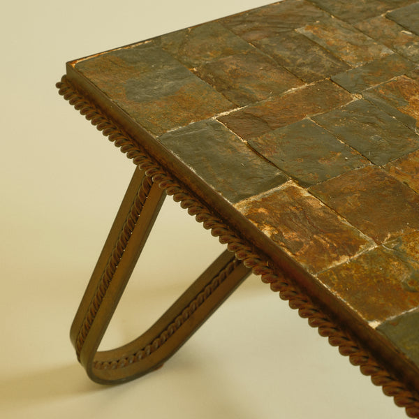 1970s Brutalist French Ferronnerie & Slate Mosaic Coffee Table