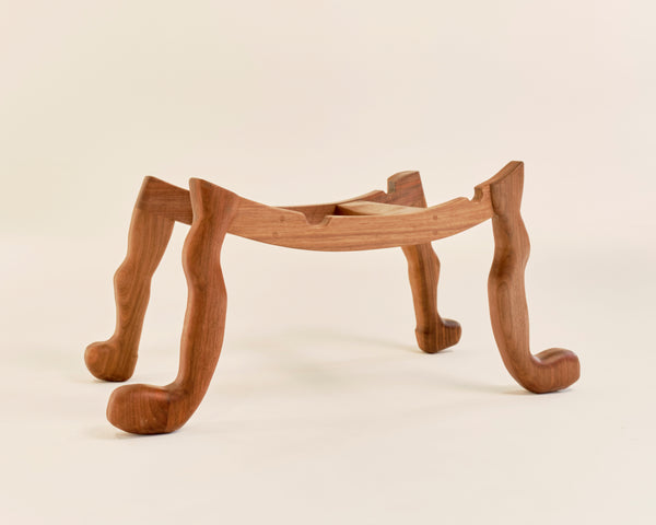 Crawler Chaise with Rattan Seat, Walnut Legs and Shearling Upholstery and Pillows