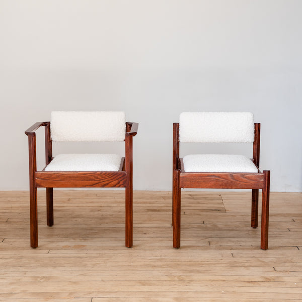 Pair of Newly Restored 1960's Danish Walnut and Cream Alpaca Wool Boucle Chairs