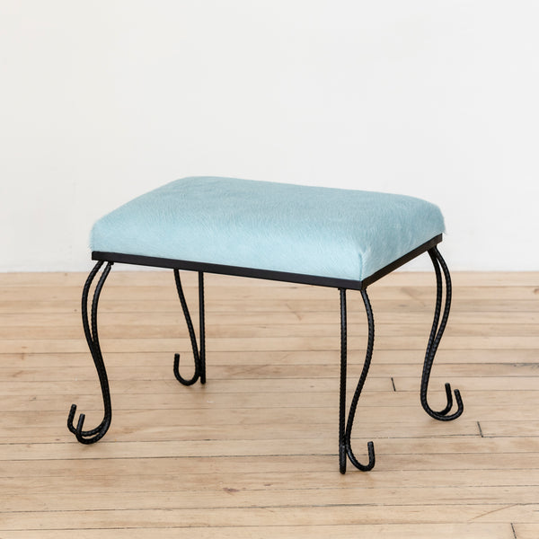 Wrought Iron Ottoman/Stool in Baby Blue Cowhide