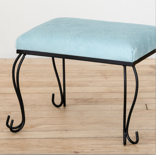 Wrought Iron Ottoman/Stool in Baby Blue Cowhide