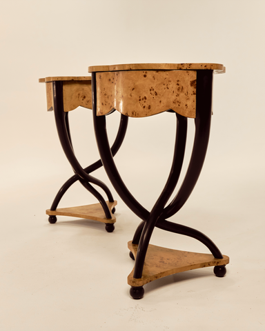 Pair of Scalloped Edge Burlwood Nightstands or Side Tables