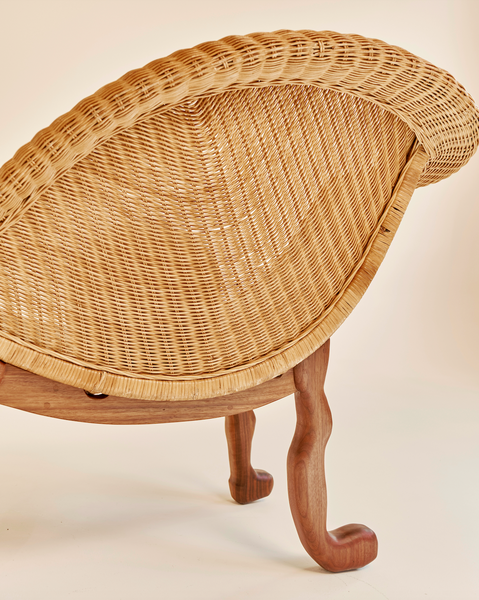 Crawler Chaise with Rattan Seat, Walnut Legs and Shearling Upholstery and Pillows