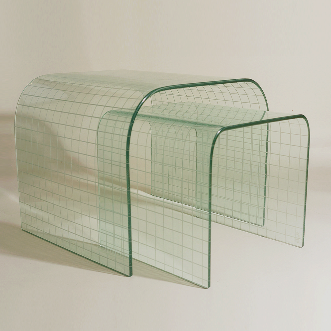 1970's Etched Grid Glass Waterfall Tables by Angelo Cortesi for Fiam Italia