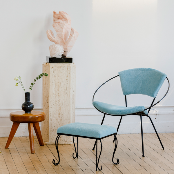 Wrought Iron Ottoman/Stool in Baby Blue Cowhide